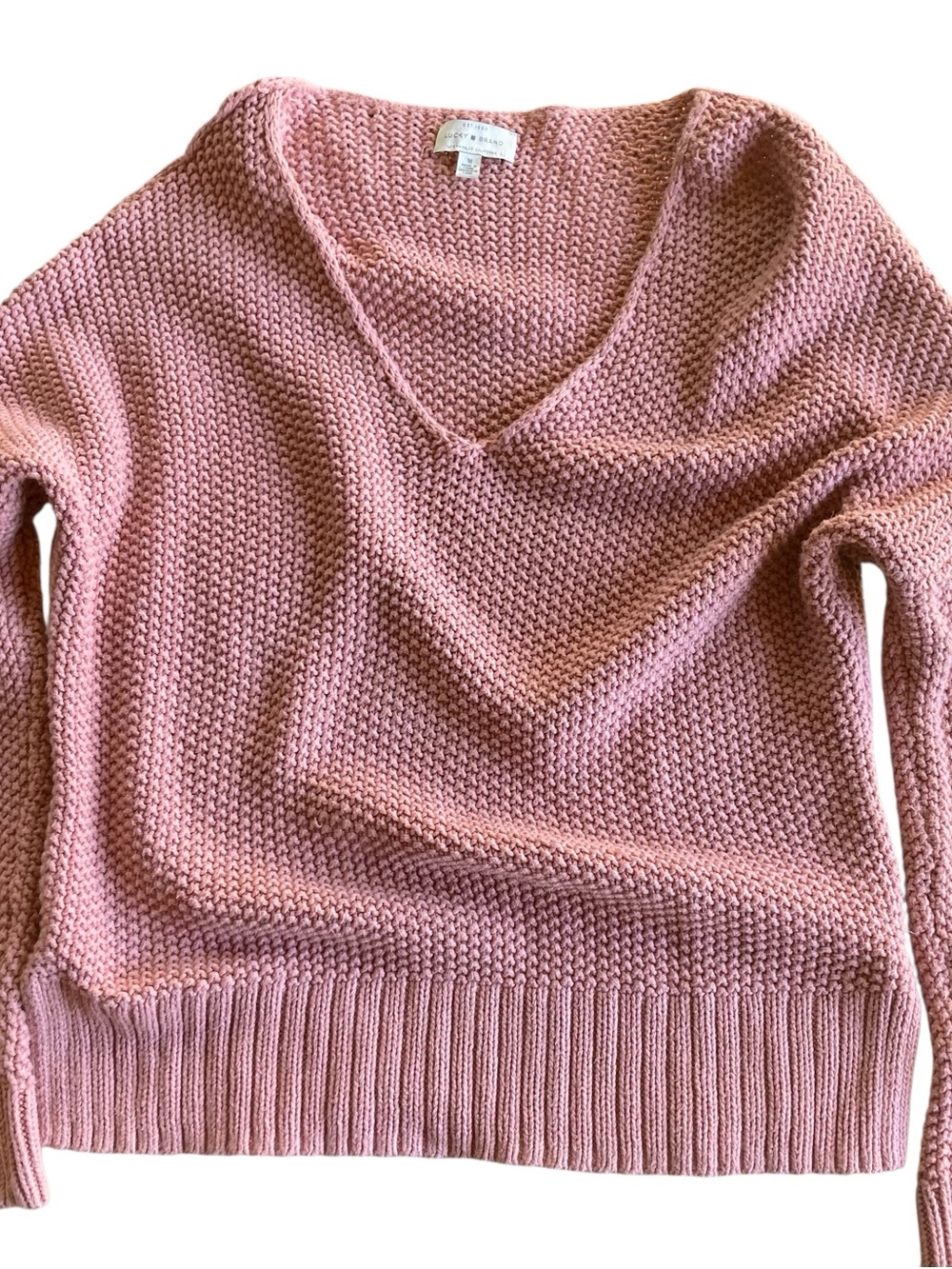 Lucky Brand Pink Cotton Knit V-Neck Sweater Medium Cozy Fall Pullover - Picture 2 of 7